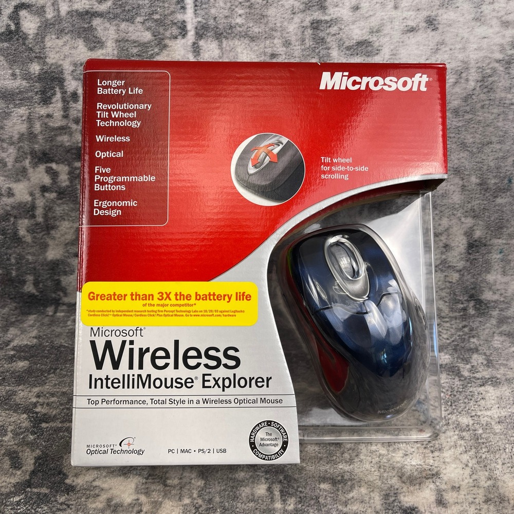 Vtg Microsoft Wireless IntelliMouse Explorer 2.0 Blue Y2K CIB Tested
